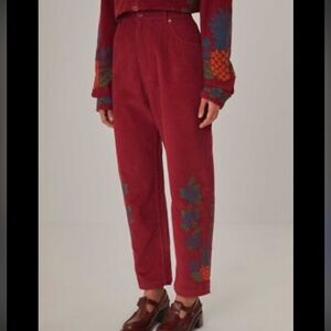 Farm Rio Red Corduroy Pants with Floral Embroidery size Small